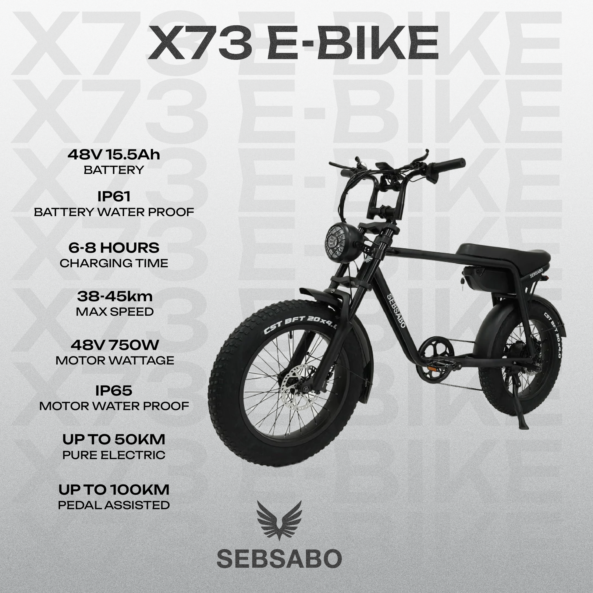 Ebike Fat Tyre X73 |  Black Frame Black Seat (750W - 48V) - SEBSABO