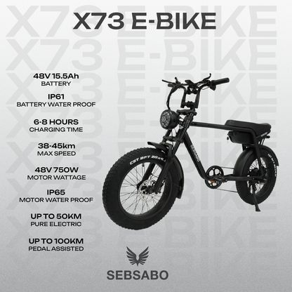 Ebike Fat Tyre X73 | Black Frame Brown Seat (750W - 48V) - SEBSABO